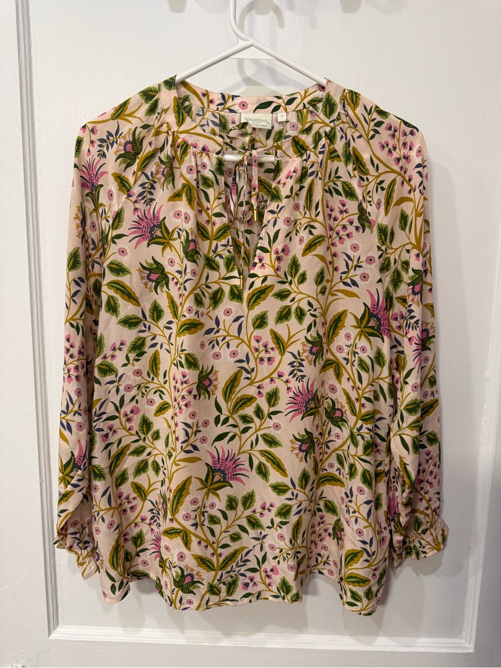 Spartina 449 Pink Green Floral Tie-Neck Long Sleeve Silk Blouse EUC Size Small